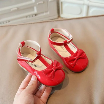 Бебешки лачени обувки за момичета Bow Mary Janes Парти обувки за принцеса Детски меки подметки T-образни червени кожени обувки Студентски равни обувки