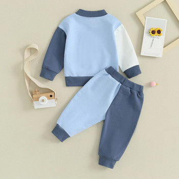 Pudcoco Прохождащо бебе, момче, момиче, есенни дрехи Пуловер с дълъг ръкав в контрастен цвят Панталони с ластик на талията 2 бр. Топло облекло 0-3T