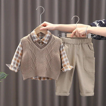 Бебе момче Дизайнерски дрехи за деца Плетен пуловер без ръкави Жилетка + карирани ризи + панталони Анцузи Комплекти за малко момче