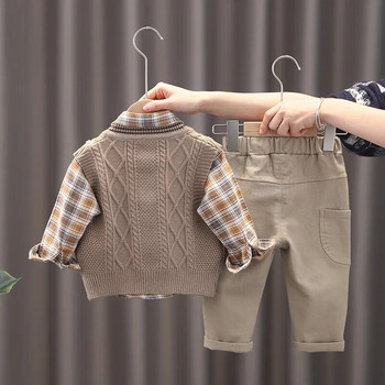 Бебе момче Дизайнерски дрехи за деца Плетен пуловер без ръкави Жилетка + карирани ризи + панталони Анцузи Комплекти за малко момче