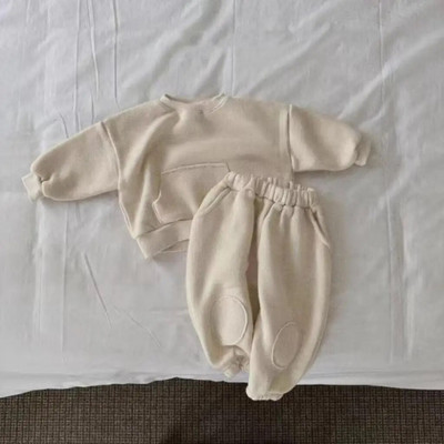 2023 Winter New Baby Plus Velvet Χοντρά Σετ Ζεστά Ρούχα Βρεφικά, casual φούτερ τσέπης Στολές Παιδικά αγόρια Φλις παντελόνι κοστούμι