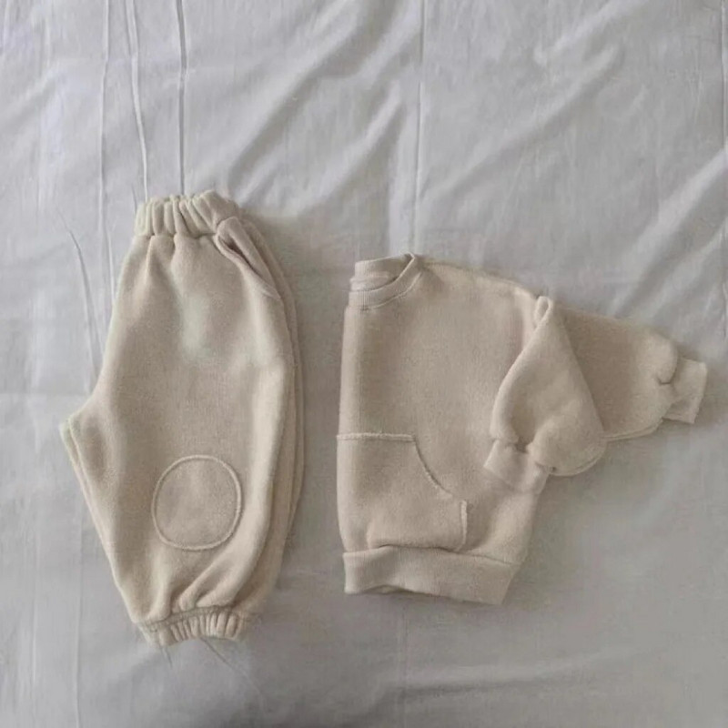 2023 Winter New Baby Plus Velvet Χοντρά Σετ Ζεστά Ρούχα Βρεφικά, casual φούτερ τσέπης Στολές Παιδικά αγόρια Φλις παντελόνι κοστούμι