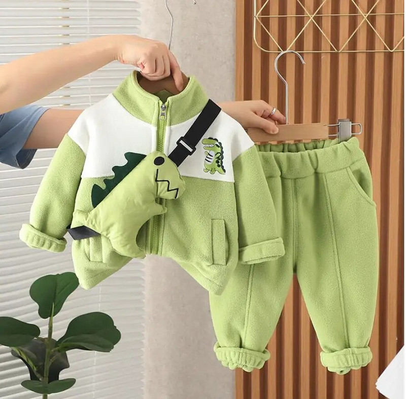 Χριστουγεννιάτικη παιδική φόρμα Φθινοπωρινός Χειμώνας Δεινόσαυρος Bear Fleece Μπουφάν με φερμουάρ και παντελόνι Παιδικά Ρούχα Αγόρια Σετ σύνολα