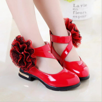Детски обувки, червени кожени обувки за момичета, есенни обувки на висок ток на принцеса, ученически сандали за момичета, дантелени сандали с цветя