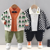 Rudens mazuļa džempera komplekts ar garām piedurknēm 2023. gada jauns zēnu modes briljanta rūtiņu džinsa krekls, jaka, ikdienas trīsdaļīgs komplekts