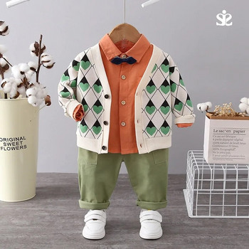 Φθινοπωρινό σετ πουλόβερ με μακρυμάνικο μωρό 2023 νέο αγορίστικο τζιν μπλουζάκι με διαμάντι τζιν ζακέτα casual σετ τριών τεμαχίων