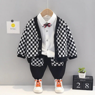 Rudens mazuļa džempera komplekts ar garām piedurknēm 2023. gada jauns zēnu modes briljanta rūtiņu džinsa krekls, jaka, ikdienas trīsdaļīgs komplekts