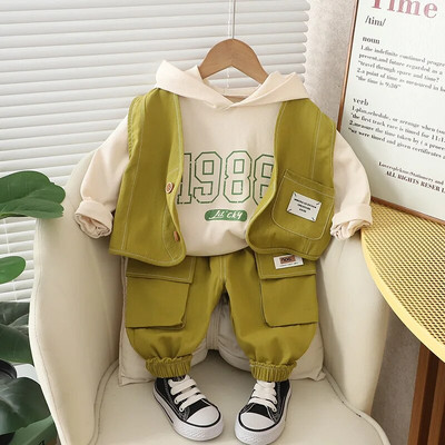 Rudens mazuļa džempera komplekts ar garām piedurknēm 2023. gada jauns zēnu modes briljanta rūtiņu džinsa krekls, jaka, ikdienas trīsdaļīgs komplekts