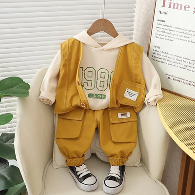 Rudens mazuļa džempera komplekts ar garām piedurknēm 2023. gada jauns zēnu modes briljanta rūtiņu džinsa krekls, jaka, ikdienas trīsdaļīgs komplekts