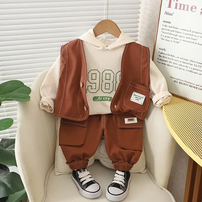 Rudens mazuļa džempera komplekts ar garām piedurknēm 2023. gada jauns zēnu modes briljanta rūtiņu džinsa krekls, jaka, ikdienas trīsdaļīgs komplekts