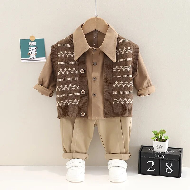 Rudens mazuļa džempera komplekts ar garām piedurknēm 2023. gada jauns zēnu modes briljanta rūtiņu džinsa krekls, jaka, ikdienas trīsdaļīgs komplekts