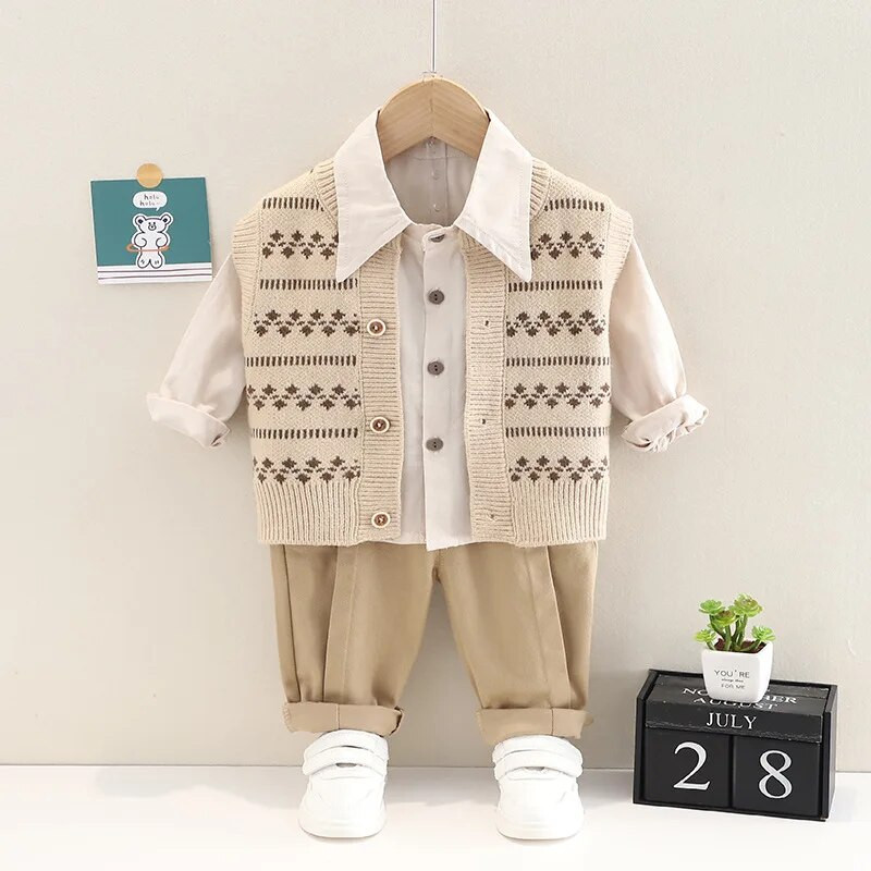 Rudens mazuļa džempera komplekts ar garām piedurknēm 2023. gada jauns zēnu modes briljanta rūtiņu džinsa krekls, jaka, ikdienas trīsdaļīgs komplekts