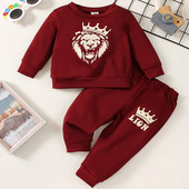 2 bucăți, primăvară și toamnă, băieți, roșu vin, gât rotund, cu mânecă lungă, model de animale, top și pantaloni, seturi de modă pentru bebeluși pentru copii mici