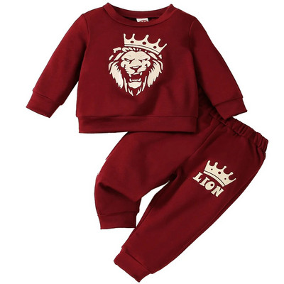 2 bucăți, primăvară și toamnă, băieți, roșu vin, gât rotund, cu mânecă lungă, model de animale, top și pantaloni, seturi de modă pentru bebeluși pentru copii mici