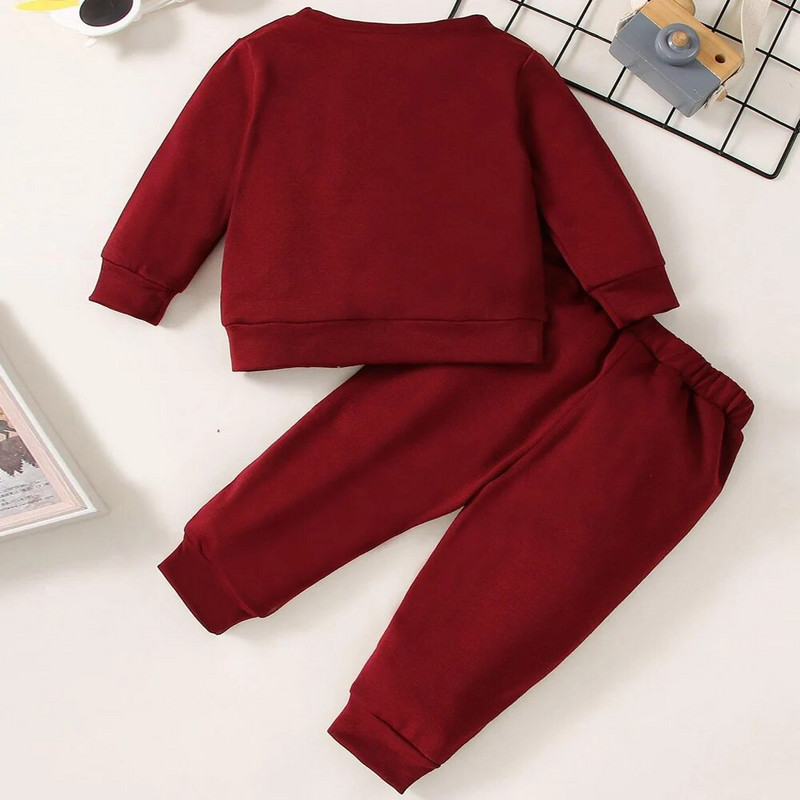 2 TK kevad- ja sügise poiste veinipunane ümarkaelus pikkade varrukatega loomamustriline top ja püksid, mood imikute väikelaste komplektid