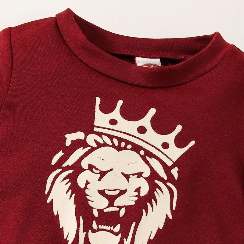 2 TK kevad- ja sügise poiste veinipunane ümarkaelus pikkade varrukatega loomamustriline top ja püksid, mood imikute väikelaste komplektid