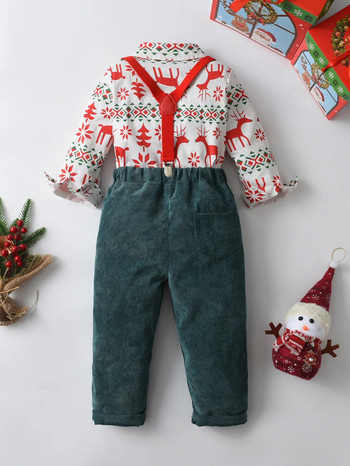 Toddler Kids Baby Boys Suits 1st Christmas Outift Gentleman εμπριμέ πουκάμισο παπιγιόν + ζαρτιέρες + κοτλέ παντελόνι Παιδικά ρούχα