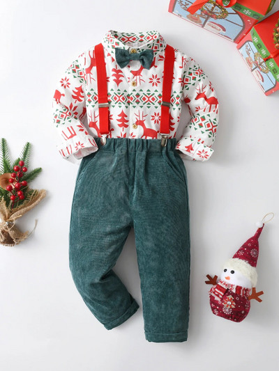 Toddler Kids Baby Boys Suits 1st Christmas Outift Gentleman εμπριμέ πουκάμισο παπιγιόν + ζαρτιέρες + κοτλέ παντελόνι Παιδικά ρούχα