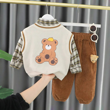 Western Baby Designer σετ ρούχων για αγόρι 2023 Γιλέκο κινουμένων σχεδίων + καρό πουκάμισα + παντελόνι 3 τμχ Βρεφικά ενδύματα για αγόρια Παιδικά Bebes Στολή για τζόκινγκ