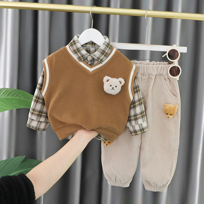 Rietumu bērnu dizaineru zēnu tērpu komplekts 2023. gada karikatūras veste + rūtaini krekli + bikses, 3 gab. Zēni, zīdaiņu apģērbi, bērni Bebes skriešanas tērpi