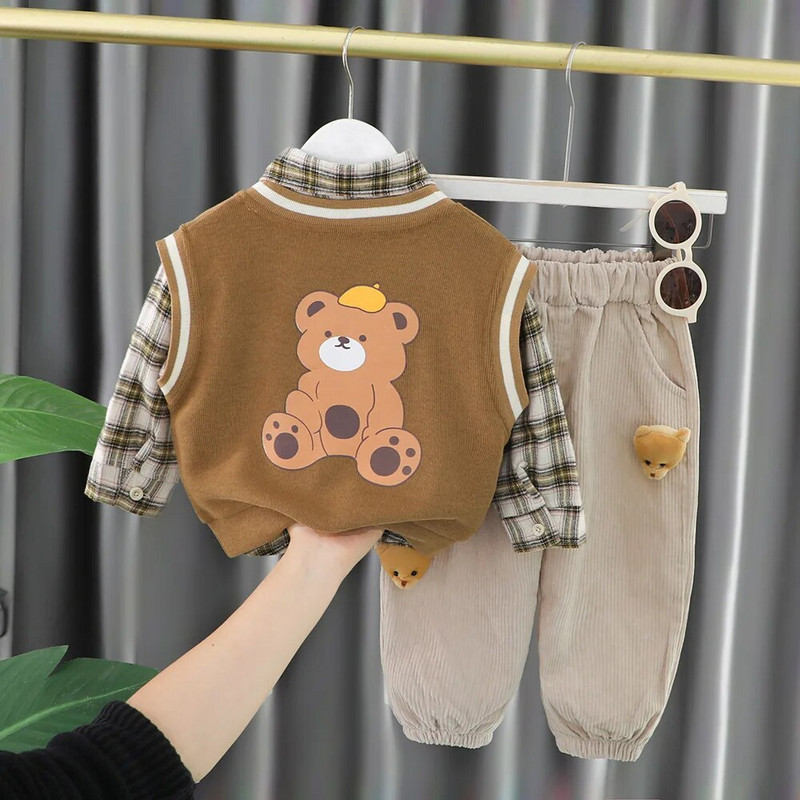 Rietumu bērnu dizaineru zēnu tērpu komplekts 2023. gada karikatūras veste + rūtaini krekli + bikses, 3 gab. Zēni, zīdaiņu apģērbi, bērni Bebes skriešanas tērpi