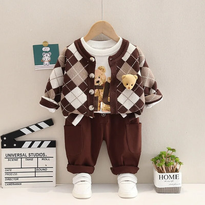 Rudens jauns bērnu lāču dimanta režģu komplekts trīsdaļīgs zēna trikotāžas mētelis trīsdaļīgs vienkāršs ikdienas sporta apģērbs