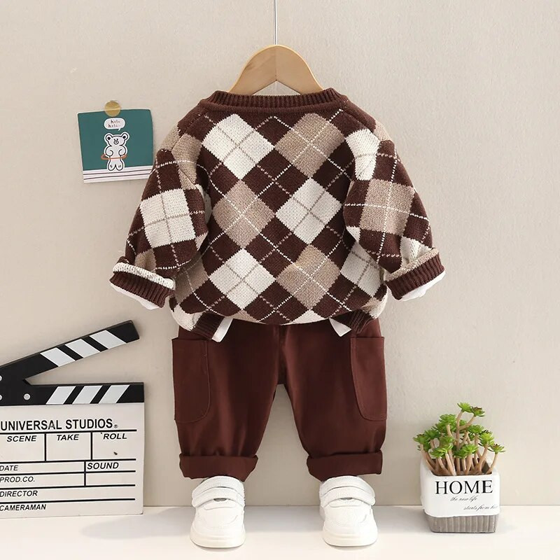 Rudens jauns bērnu lāču dimanta režģu komplekts trīsdaļīgs zēna trikotāžas mētelis trīsdaļīgs vienkāršs ikdienas sporta apģērbs