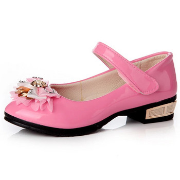 Лачени обувки за момичета Есен Нова мода Принцеса Обувки с ток за голямо момиче с вратовръзка с папионка от кристали Черни, розови, червени сватбени обувки