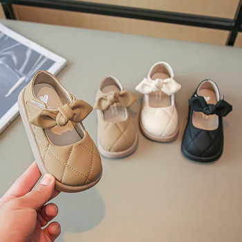 Φθινοπωρινό κορίτσι Mary Janes Sewing Bowtie Χαριτωμένο μονόχρωμο παιδικό δερμάτινο παπούτσι Flat Hook-loop Breathablle Little Kids Shoe 21-30