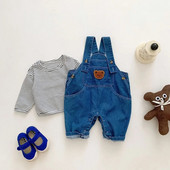 0-3 ani, nou-născut, haine de toamnă, tricou cu mâneci lungi cu dungi Topuri, urs, desene animate, pantaloni cu bretele din denim, salopete, ținută pentru băiat și fată