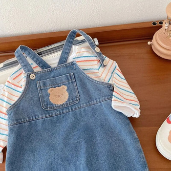 2023 Есенни дрехи за новородено бебе 0-2 години Момче Момиче Тениска с дълъг ръкав Раирана горнища Мече Дънков гащеризон с джоб Гащеризони