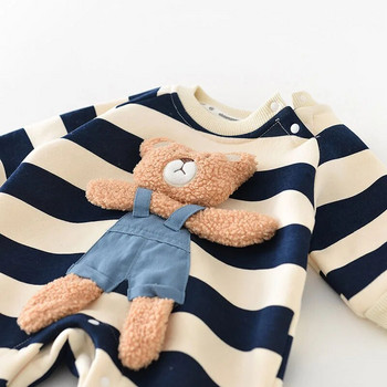 Бебешки комбинезон Есенно и зимно корейско издание Бебешко палто с ивици Бебешко плюшено удебелено малко мече Кукла Creeper