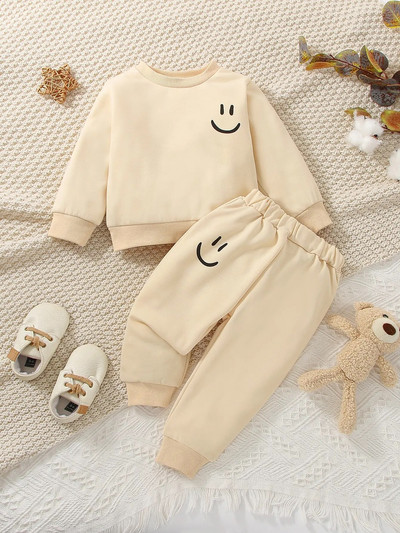 2-osaline sügis/talv beebipoiss, mood vaba aja veetmine vabas õhus sport beebitüdruk aprikoos, soe mugav armas naeratava näomustri komplekt