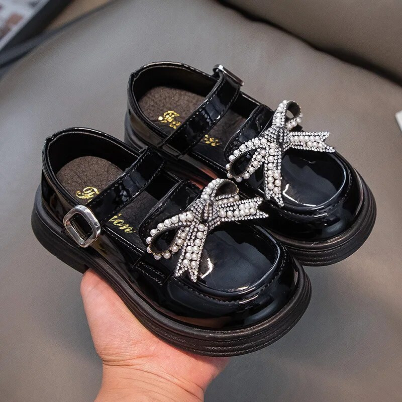 Meiteņu ādas apavi Modes Pērļu bantīte Mīksta Zole Bērniem Plakani Bērnu Princešu apavi Performance Single Shoes Student J16