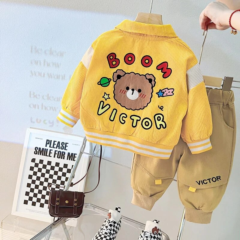 Pavasara un rudens bērnu multfilma lāča uzvalks ar garām piedurknēm zēnu burtu jaka jaka bikses velveta divdaļīgs ikdienas sporta apģērbs