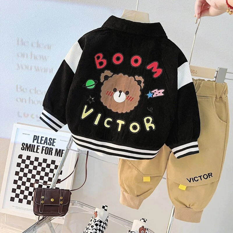 Pavasara un rudens bērnu multfilma lāča uzvalks ar garām piedurknēm zēnu burtu jaka jaka bikses velveta divdaļīgs ikdienas sporta apģērbs