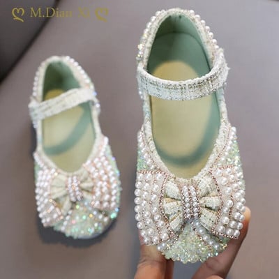 Кожени обувки с перлен лък за момичета Есен 2023 Нова мода Детски парти обувки с воден диамант Детски зелени единични обувки с мека подметка