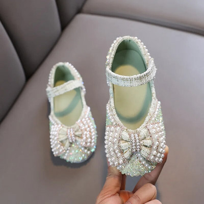 Mergaičių odiniai batai su perlų lanku 2023 m. rudenį Naujos mados vaikiški batai su deimantais vakarėliui Vaikiški žali minkšto pado vienviečiai batai