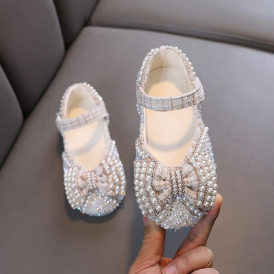 Mergaičių odiniai batai su perlų lanku 2023 m. rudenį Naujos mados vaikiški batai su deimantais vakarėliui Vaikiški žali minkšto pado vienviečiai batai