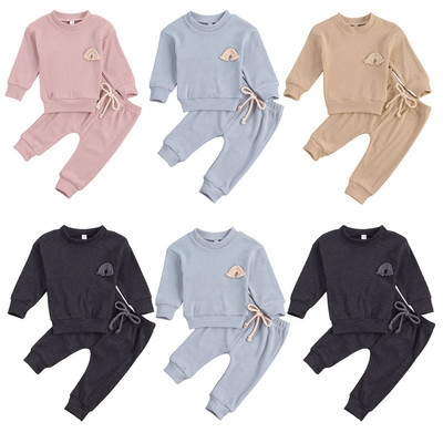 FOCUSNORM 0-24M Есенни комплекти дрехи за бебета, момичета, момчета, плътен пуловер с дълъг ръкав, суичъри, горнища, панталони, панталони, 4 цвята