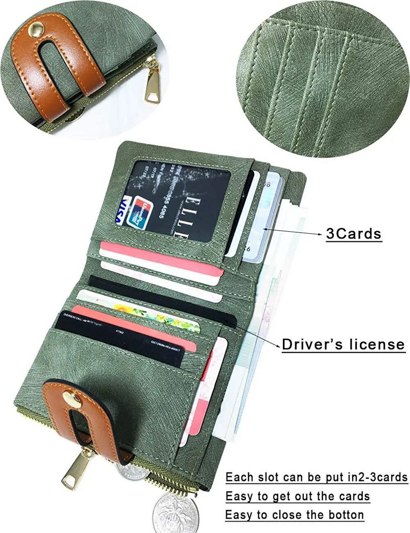 Sieviešu maki Rfid mazs divkāršs ādas maks Sieviešu mini monētu maciņš ar rāvējslēdzēju, ID kartes kabata, Carteras Para Mujer Portfel