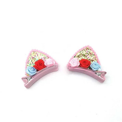 2 bucăți drăguțe agrafe de păr urechi de pisică pentru fete sclipici curcubeu pâslă țesătură flori agrafe de păr Copii accesorii pentru păr pentru copii