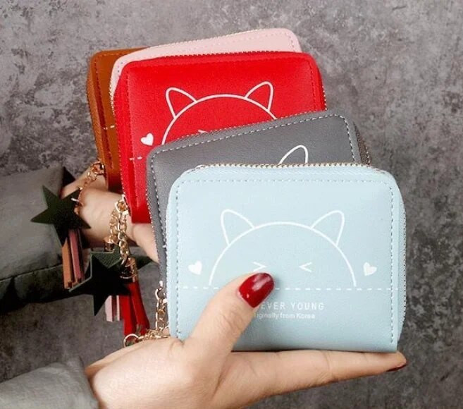 Jauna korejiešu multfilma Kaķu PU ādas maki Sieviešu īsie daudzfunkcionālie karšu turētāji Atslēgu maki Jauki bērnu maki studentiem