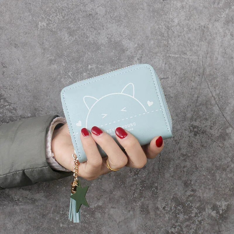 Jauna korejiešu multfilma Kaķu PU ādas maki Sieviešu īsie daudzfunkcionālie karšu turētāji Atslēgu maki Jauki bērnu maki studentiem
