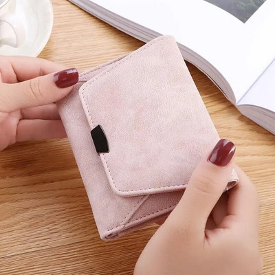 Womne Wallet Vintage Simple Short Flod Card Портмоне за монети Fashion Student Solid Color Pu Leather Mini Wallets Сумка Женская