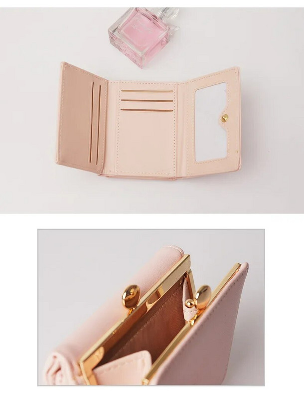 Sieviešu maki Sieviešu īss dizains Modes Trīs salokāms maks Vienkāršs, jauks studentu sajūga karšu turētājs monētu maciņš