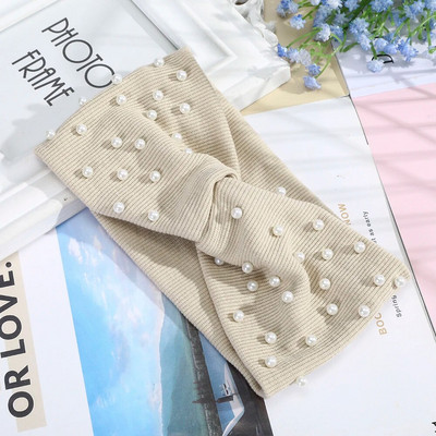 AWAYTR Sieviešu galvas lentes Pērles Galvas Lentes Trikotāžas Turbāna Bandana Rudens Ziemas Elastīga Matu Lente Silti Matu Aksesuāri Galvassegas