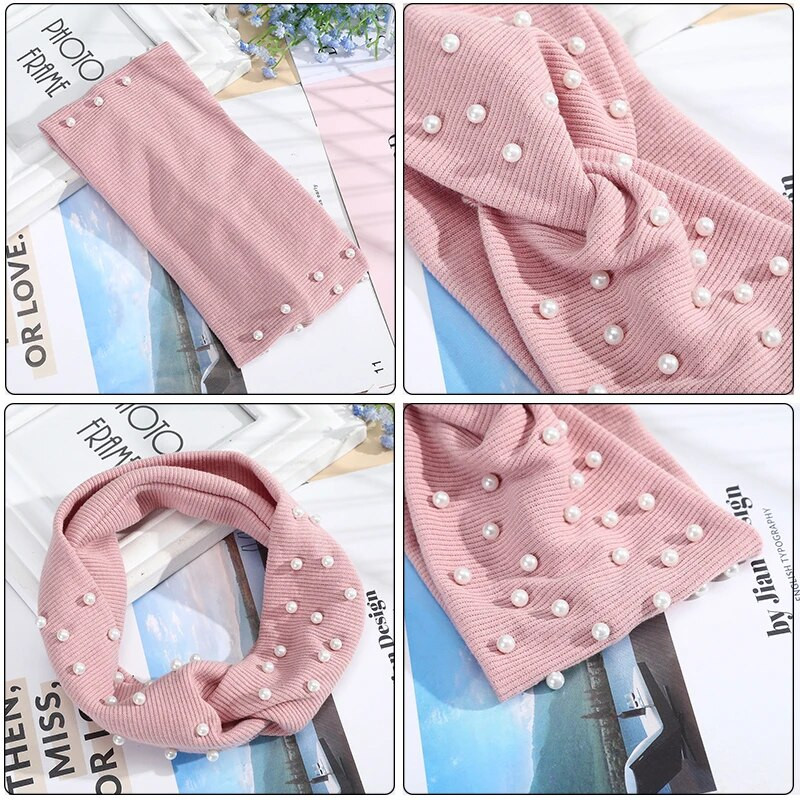 AWAYTR Sieviešu galvas lentes Pērles Galvas Lentes Trikotāžas Turbāna Bandana Rudens Ziemas Elastīga Matu Lente Silti Matu Aksesuāri Galvassegas