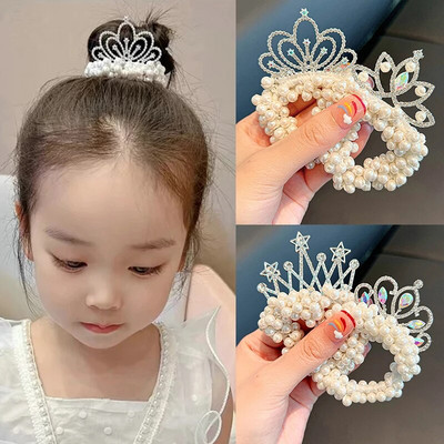 Мода Pearl Crown Princess Въже за коса Еластични ластици Детска топка Връзки за кок за коса Подарък за глава Аксесоари за оформяне на коса