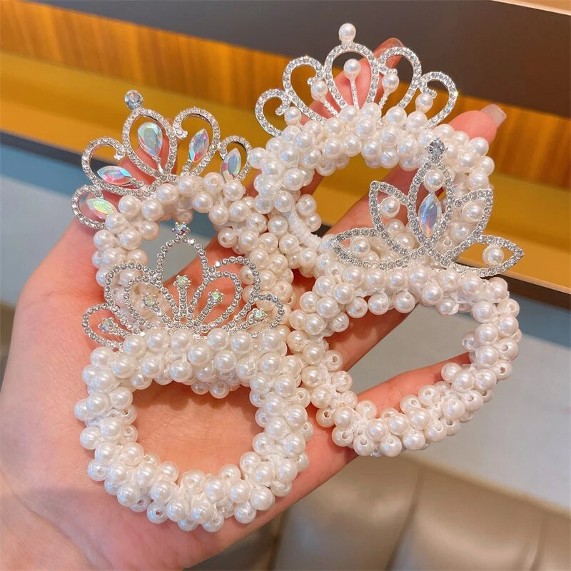 Fashion Pearl Crown Princess Funie de par Benzi elastice de cauciuc Minge pentru copii Cravate pentru coc de par Cochila Cadou Accesorii pentru coafat